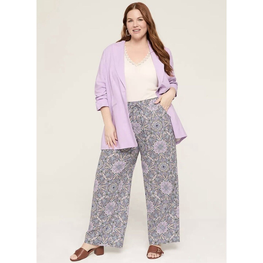 Lane Bryant Wide Leg Pants Soft Linen Blend Purple Boho Printed Women’s Size 22P